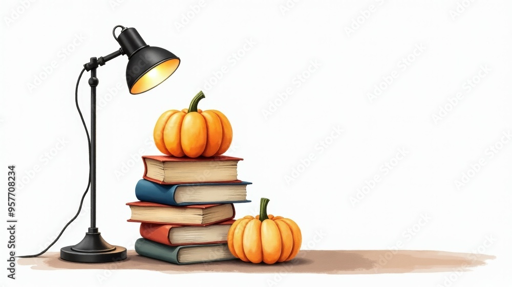 Aufkleber a lamp is lit up and a stack of books is on a table