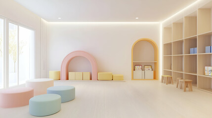 Fototapeta premium Bright and Playful Learning Space with Minimalist Design and Soft, Colorful Furniture