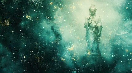 Fototapeta premium Buddha Statue in a Green Nebula with Sparkling Stars