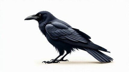 A black crow is standing on a white background