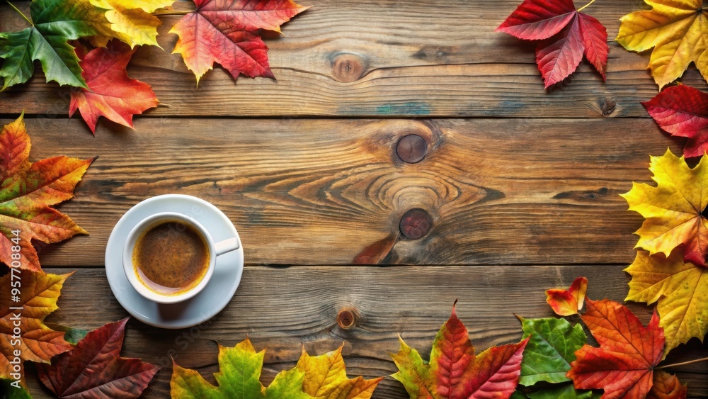 Canvas Prints Autumn-themed top view background with colorful leaves and a cup of coffee on a wooden table, autumn, background, colorful