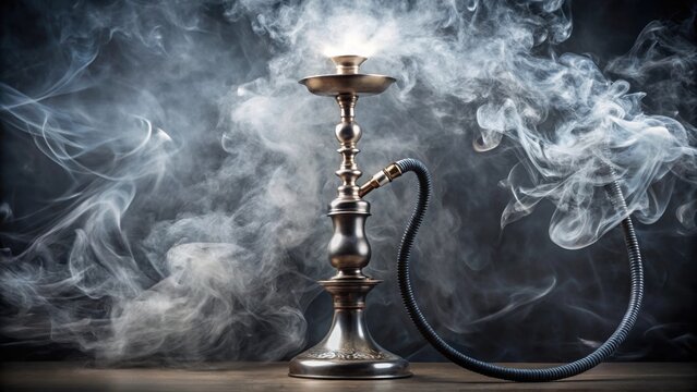 Grey smoke emanating from a hookah on a background, representing the concept of inhalation, steam generation
