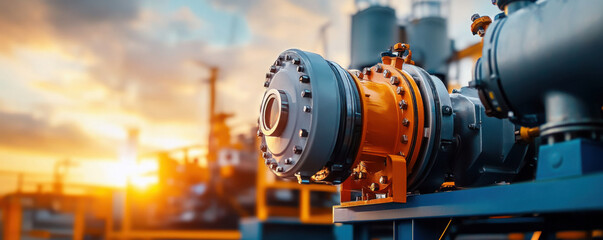 Obraz premium A detailed close-up of an industrial mechanical component with bolts and gears, set against a warm sunset at a refinery.