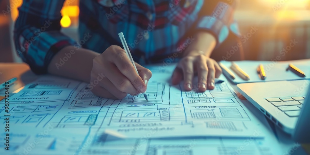 Poster close-up of ux designer's hands sketching wireframes on paper, illustrating creative design thinking