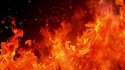 A large fire is raging in the background, with  orange flames  and  black smoke .