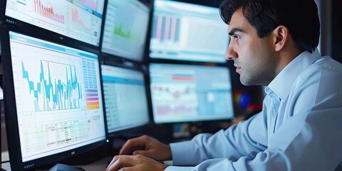 A financial analyst analyzing market trends and charts on a computer screen, demonstrating analytical skills and financial expertise