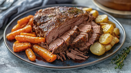  A pot roast with cooked carrots and potatoes on a dining room table. A plate of comfort food.
