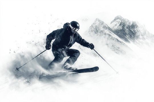 Professional skier going downhill fast with snowkiting effect