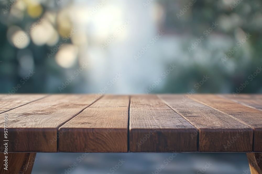 Poster wooden table top with a blurry background of trees and bokeh.
