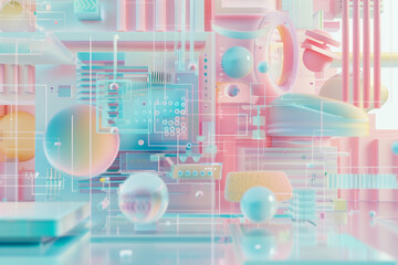 Abstract futuristic with floating spheres and blocks in pastel color. Hybrid Cloud Architecture with Secure Data Transfer. Minimal surreal art design.