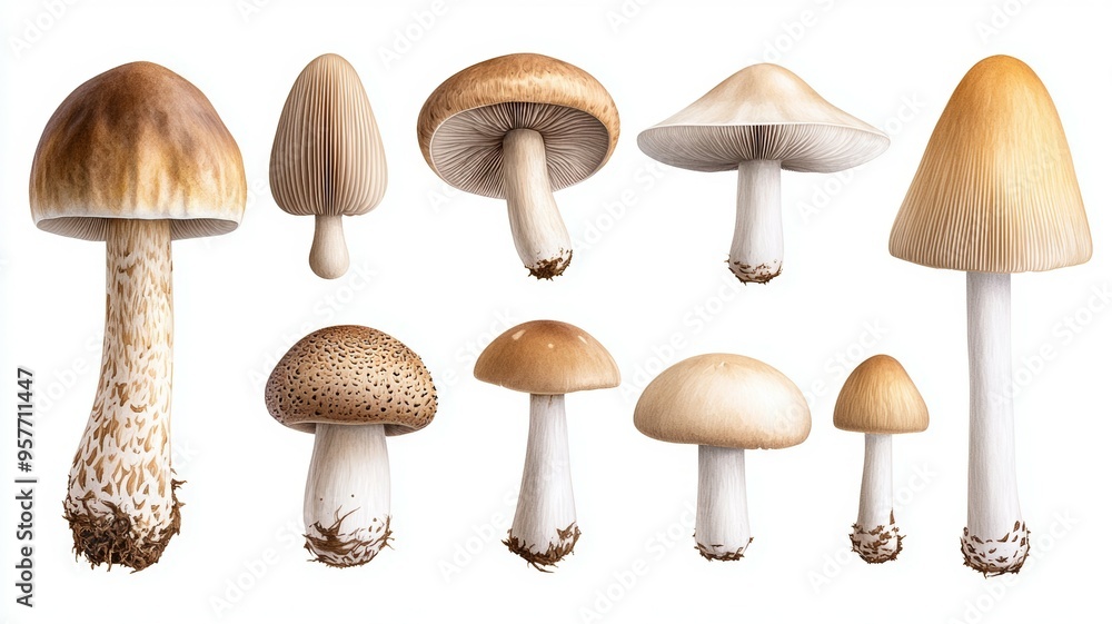 Poster a collection of mushrooms in various shapes and sizes