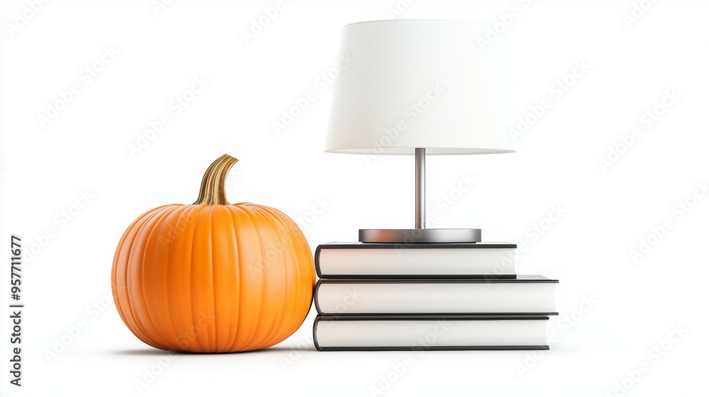 Poster a pumpkin sits on a table next to a lamp and a stack of books