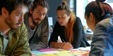 Creative professionals in a design review meeting, critically evaluating and refining visual concepts for a new campaign