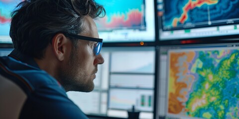 Geophysicist interpreting seismic data on a computer screen, crucial for oil and gas exploration