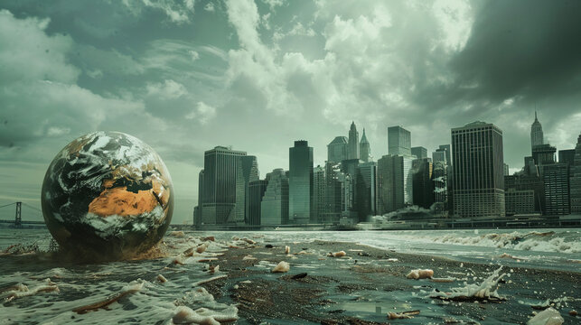 global crisis illustration. globe in the city background