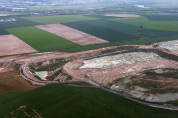 Aerial View of Agricultural Fields and Quarry in France