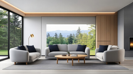A stylish living room with comfortable sofas, a panoramic window offering a scenic view of nature, and contemporary decor.