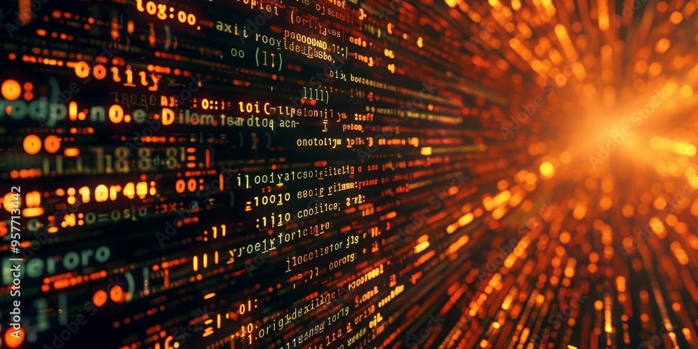 Poster Abstract background of digital code patterns merging into a futuristic web design concept