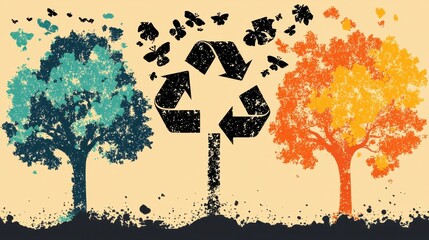 Recycle Symbol with Trees and Butterflies Abstract Art