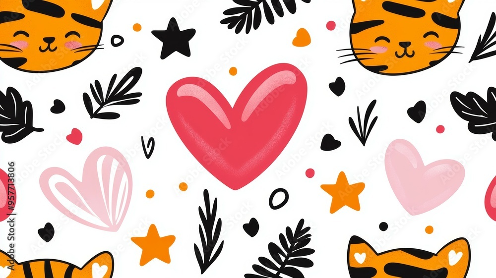 Poster a pattern of hearts and stars with a cat and a tiger on it