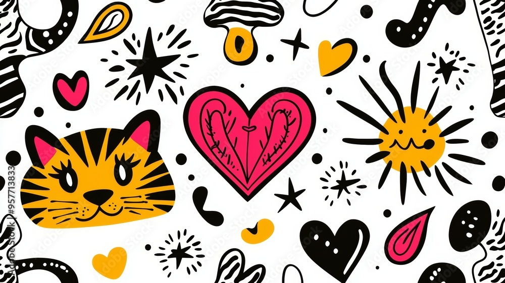 Poster a colorful drawing of a cat with a heart on its face and a sun in the background