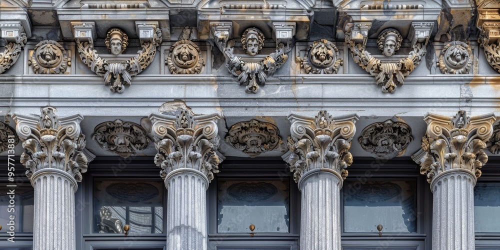 Aufkleber a historic building facade with marble stone columns and detailed carvings, reflecting classical arc
