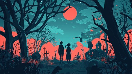 Spooky Halloween Scene with Eerie Atmosphere and People in Terrifying Costumes in Flat Des