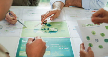 Closeup group Asia businesspeople talk ESG strategies risk management workshop, SDGs report, global...