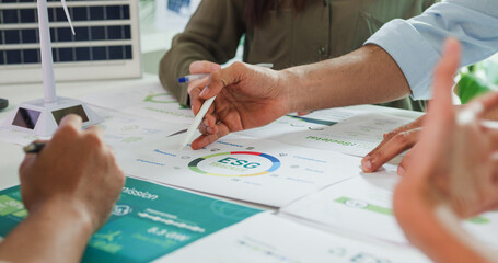 Closeup group Asia businesspeople talk ESG strategies risk management workshop, SDGs report, global warming, green finance investment eco friendly and net zero waste in boardroom training building.