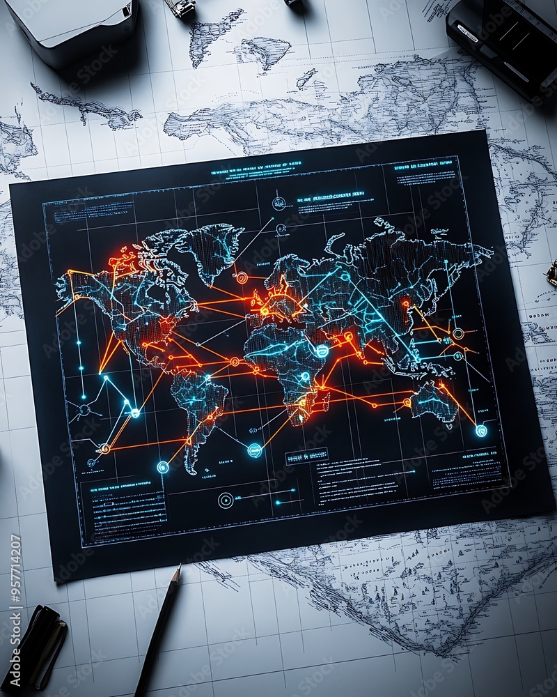 Poster glowing data visualizations on vintage map - retro technology concept