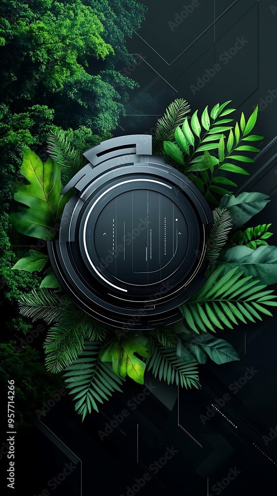 Poster futuristic tech fusion: nature-inspired web background with vibrant foliage in tilt perspective wate