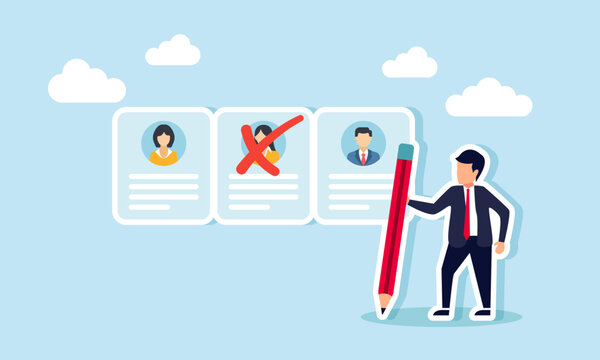 A businessman Reviewing employee profiles while holding a pencil, Illustration concept of Screening several employee profiles for job applications