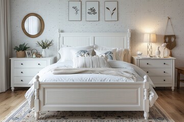 Modern solid pine white wooden bed frame with headboard and footboard in stylish bedroom setting with natural lighting
