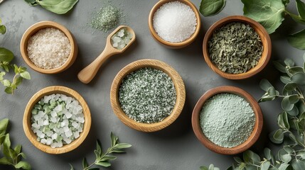 A colorful arrangement of various gourmet salts and herbs on a rustic gray background with green leaves