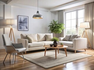 Fototapeta premium In this modern living room, a chic all-white setting is complete with a sofa, armchair, coffee table, area