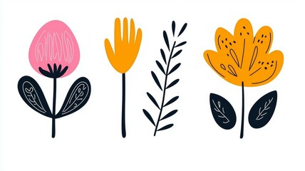 A set of three flower drawings with a blue and yellow background