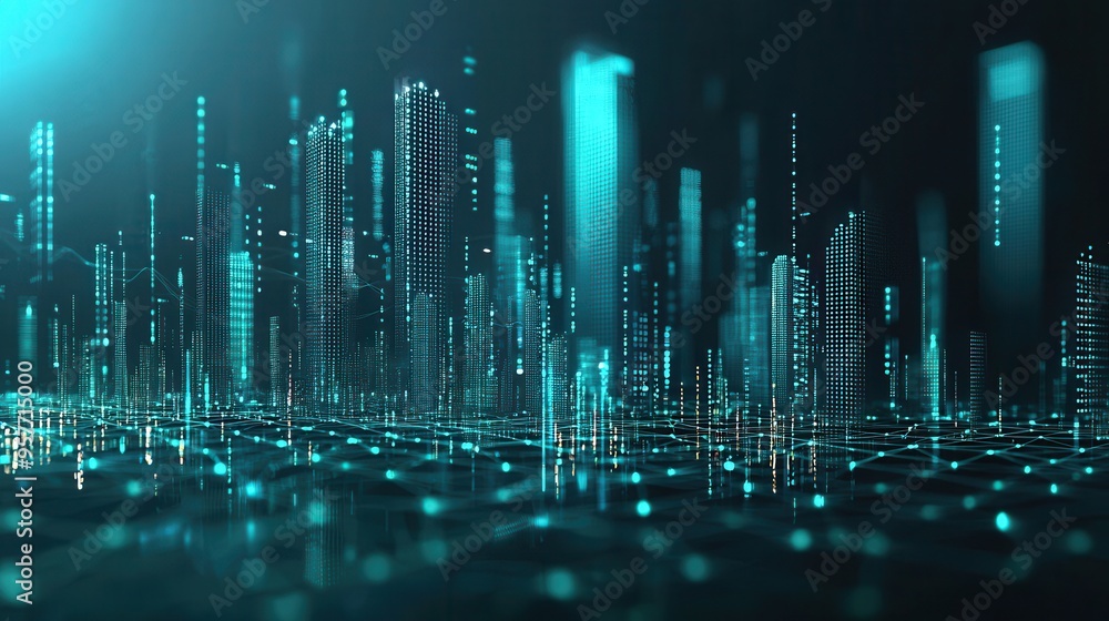 Poster futuristic cityscape with connected lines and data