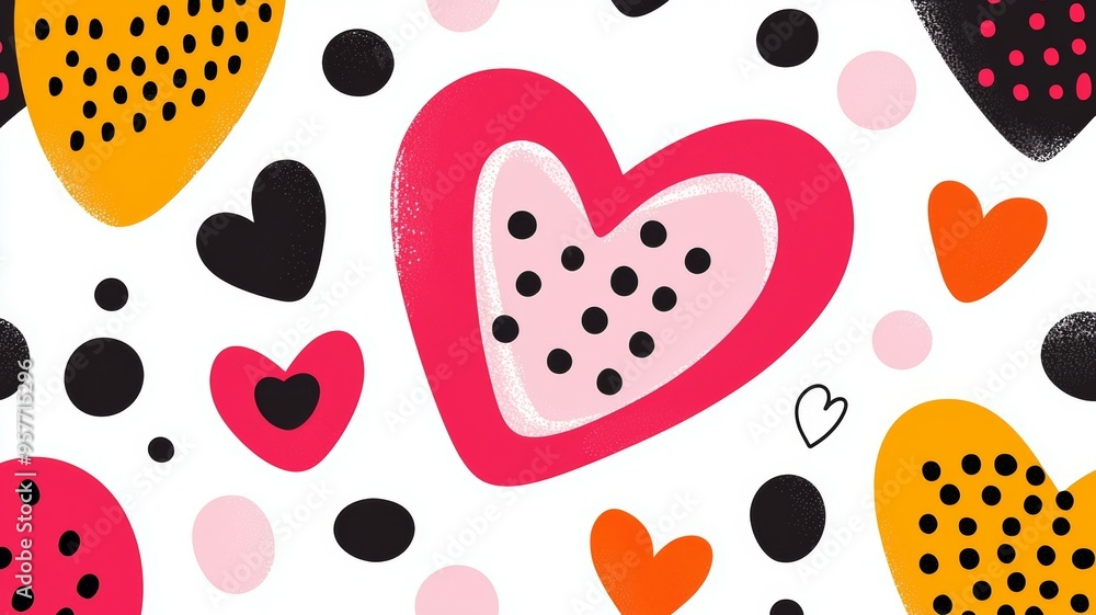Poster a colorful pattern of hearts and dots on a white background