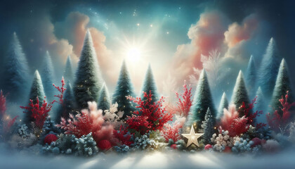A winter landscape featuring a cluster of evergreen trees with vibrant red and white foliage. In the background a luminous star shines brightly amidst soft ethereal clouds