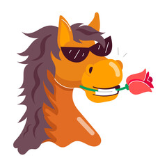 Valentine horse with glasses holding rose in mouth, flat sticker 