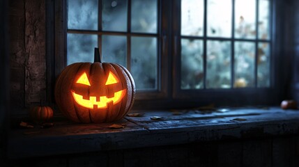 Eerie Pumpkin Lantern Casting Shadows on Windowsill in Dimly Lit Cozy Room Interior Design