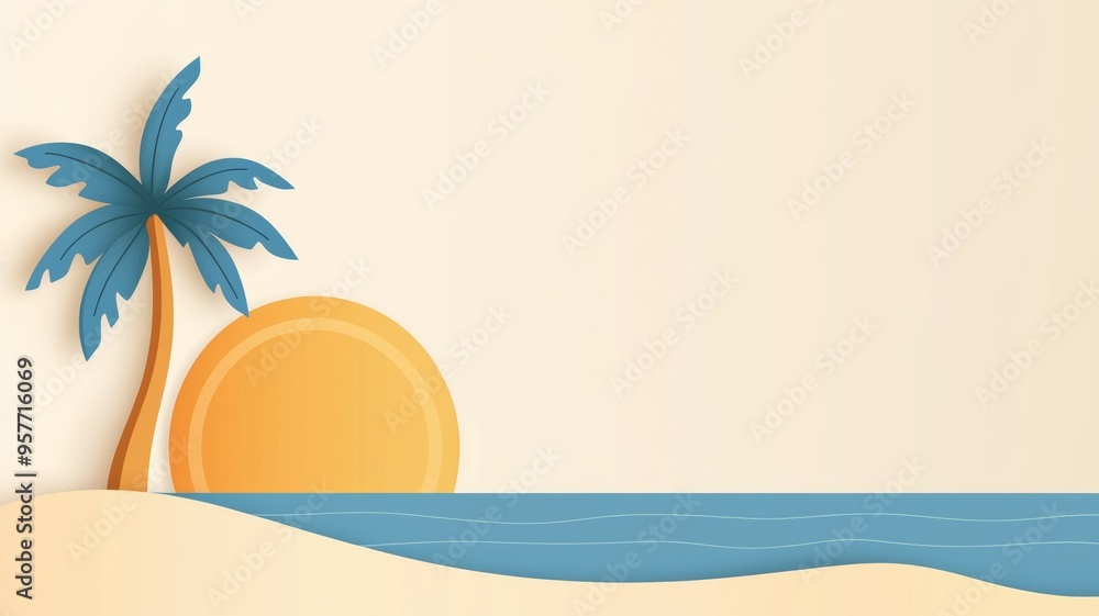 Poster a beach scene with a palm tree and a sun setting in the background