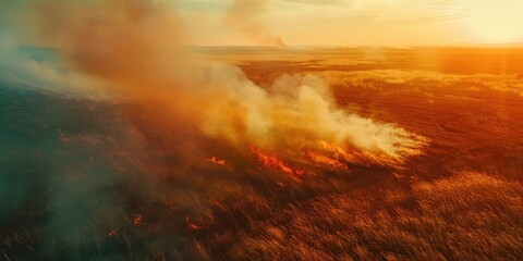 Fototapeta premium Aerial Perspective of Spring Dry Grass Burning in Hot Weather Drought Bush Fire and Smoke in Meadow Field Uncontrolled Wildfire Consuming Grassland Environmental Hazard of Air Pollution Impa