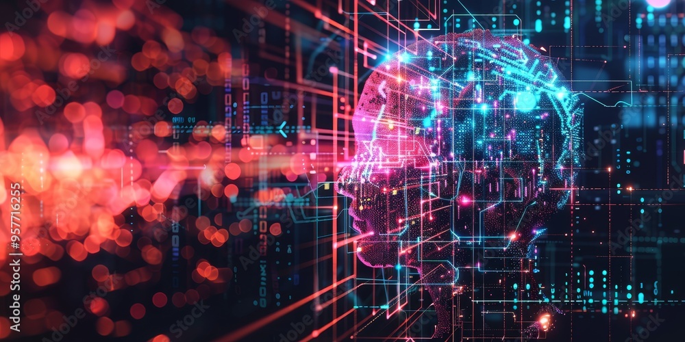 Poster Machine learning and artificial intelligence technology with digital data flow and futuristic abstract background