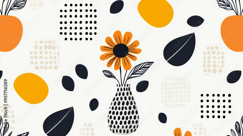 Poster a vase with a flower in it is surrounded by a pattern of circles and squares