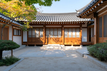 Fototapeta premium Traditional Korean Hanok House with Wooden Structure and Tiled Roof under Blue Sky