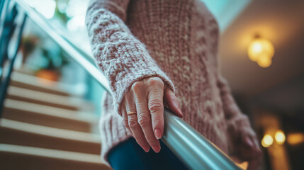 Senior woman using handrail on staircase indoors