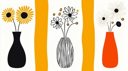 Three vases with flowers in them are arranged in a row