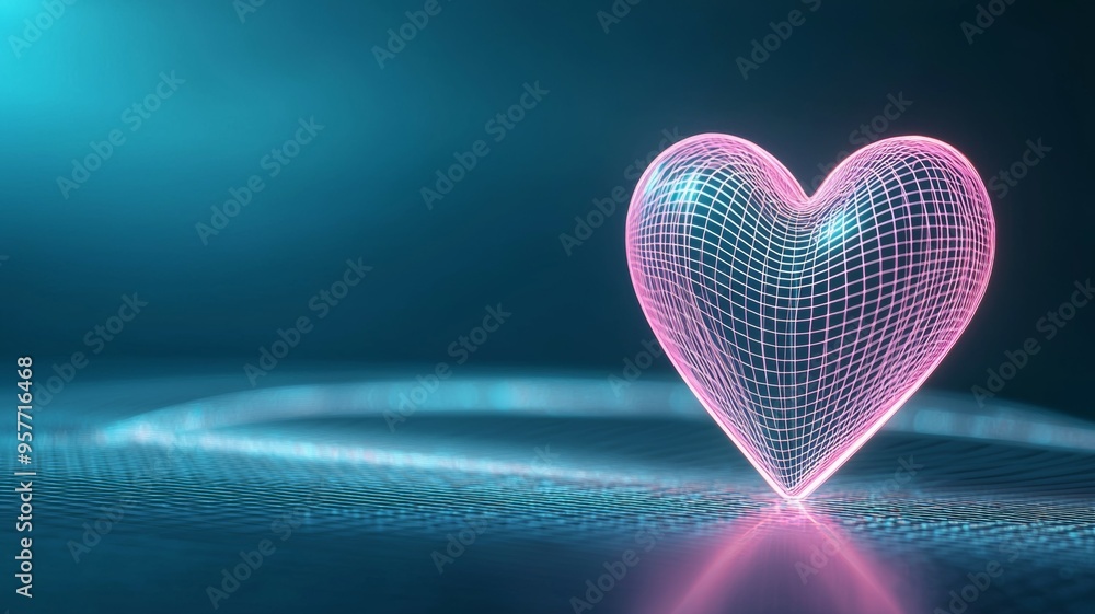 Poster a heart made of pixels is floating on a blue background