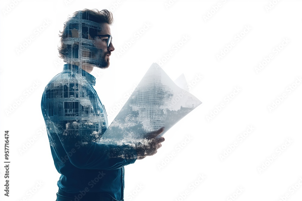 Poster architect studying blueprint with building overlap